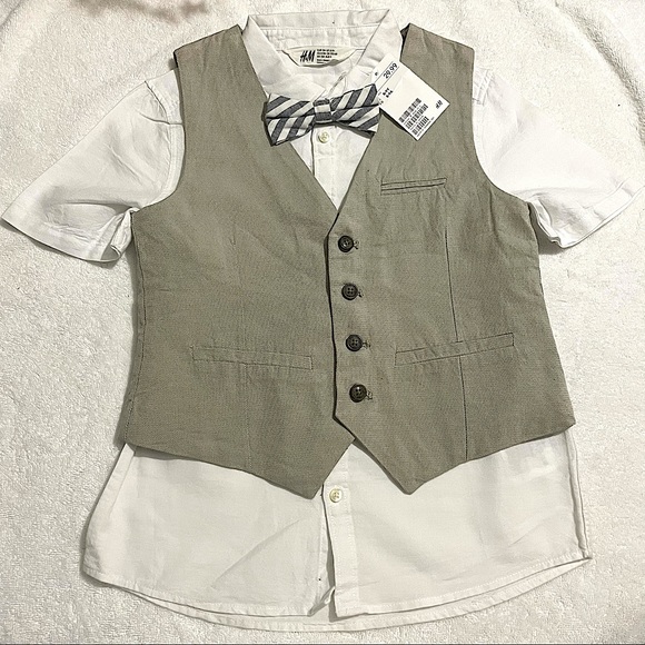 H&M Other - H&M Outfit White Shirt & Tan Vest Combo  Boys Sz 8-9 Years Bow tie Coastal set